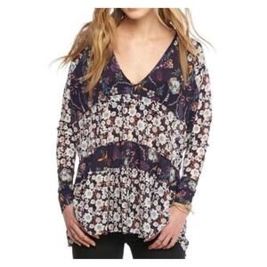 Free People Isabelle Tunic Long Sleeve Floral Blouse Round Neck Medium Bohemian